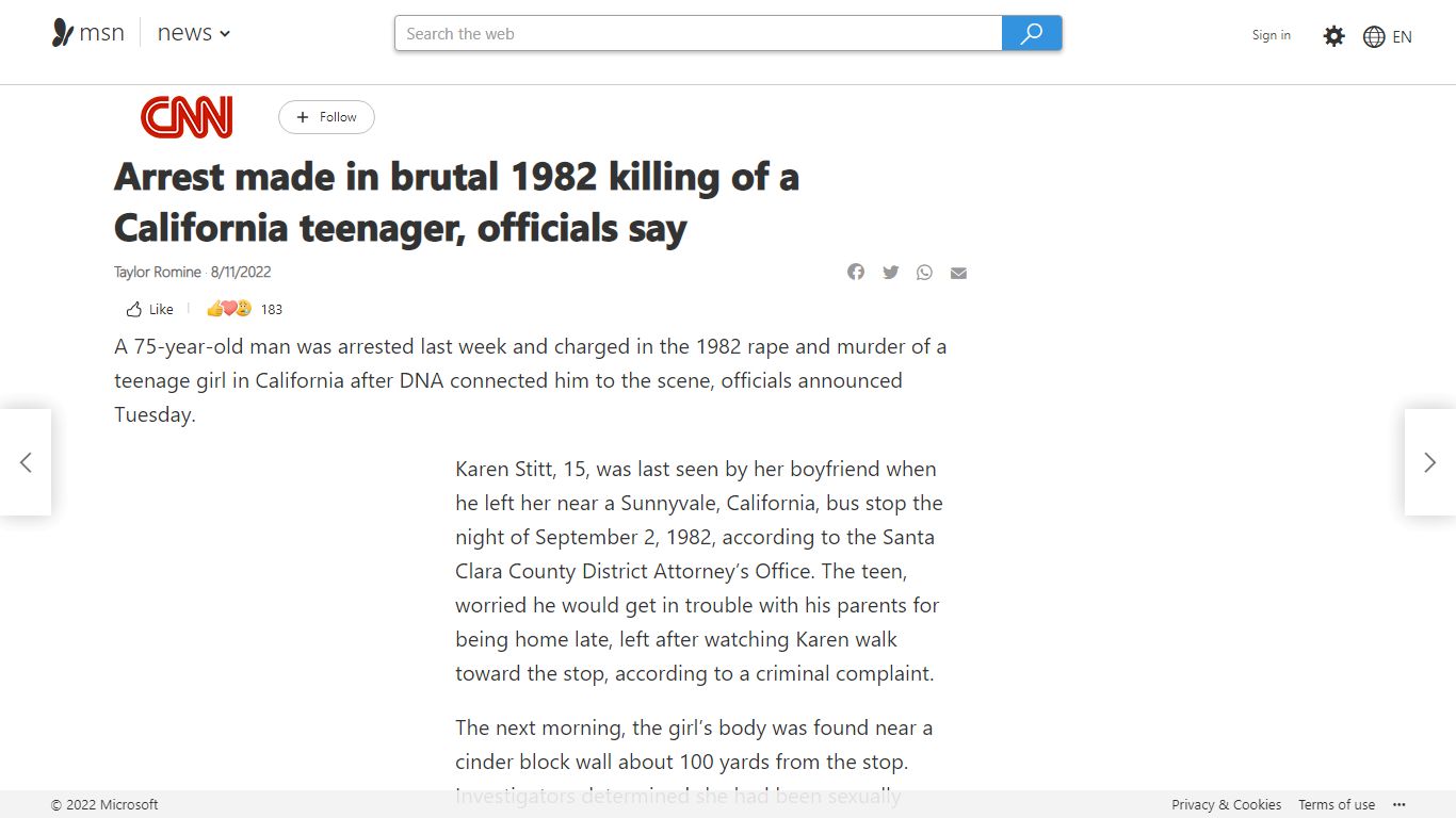 Arrest made in brutal 1982 killing of a California teenager, officials say